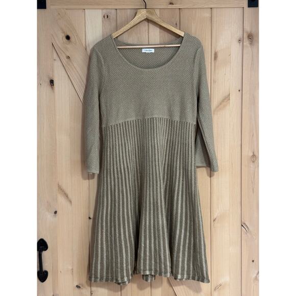 Calvin Klein | Fit and Flare Tan Gold Sparkle Knit Sweater Dress | Size XL - Picture 1 of 11